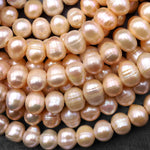 Large Hole Pearls Beads Natural Soft Peach Genuine Freshwater Pearl Off Round 10mm 12mm Big 3mm Drill Hole 8" Strand