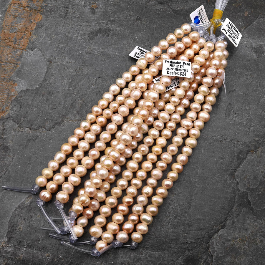 Large Hole Pearls Beads Natural Soft Peach Genuine Freshwater Pearl Off Round 10mm Big 3mm Drill Hole 8" Strand