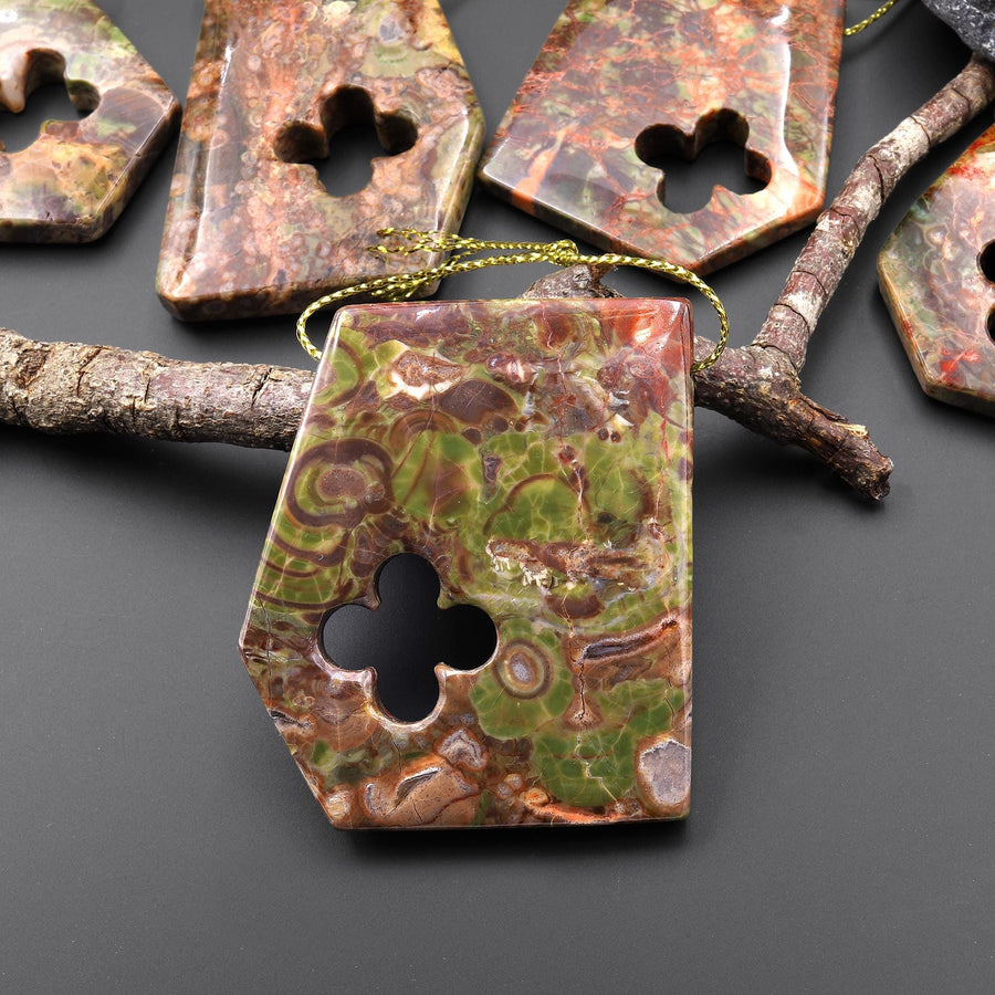 Have Carved Natural Mushroom Rhyolite Jasper Freeform 4 Four Leaf Clover Side Drilled Pendant
