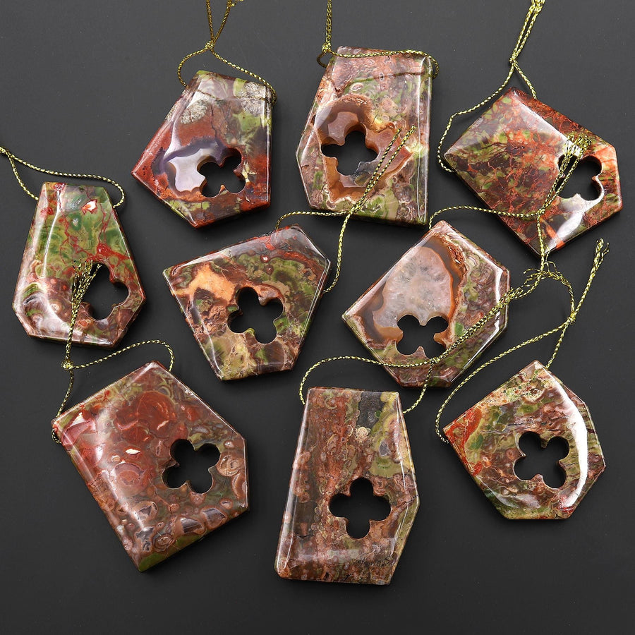 Have Carved Natural Mushroom Rhyolite Jasper Freeform 4 Four Leaf Clover Side Drilled Pendant