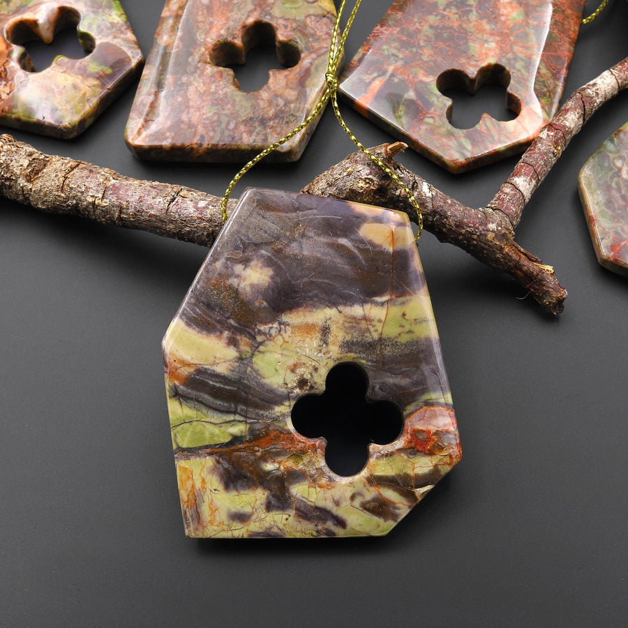 Have Carved Natural Mushroom Rhyolite Jasper Freeform 4 Four Leaf Clover Side Drilled Pendant A1