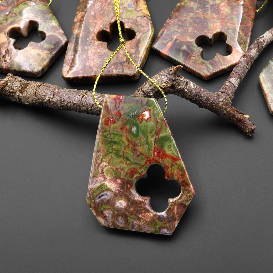Have Carved Natural Mushroom Rhyolite Jasper Freeform 4 Four Leaf Clover Side Drilled Pendant A2
