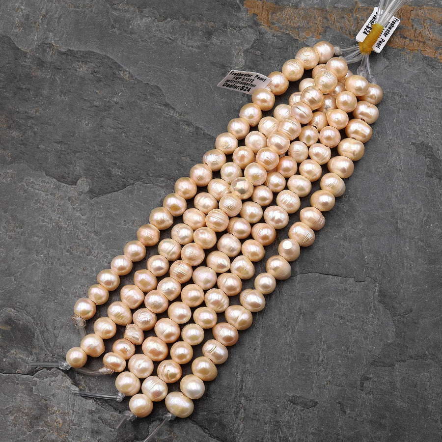 Large Hole Pearls Beads Natural Soft Peach Genuine Freshwater Pearl Off Round 12mm Big 3.2mm Drill Hole 8" Strand