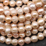 Large Hole Pearls Beads Natural Soft Peach Genuine Freshwater Pearl Off Round 9mm 10mm 12mm Big 3.2mm Drill Hole 8" Strand