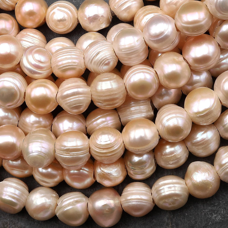 Large Hole Pearls Beads Natural Soft Peach Genuine Freshwater Pearl Off Round 9mm 10mm 12mm Big 3.2mm Drill Hole 8" Strand