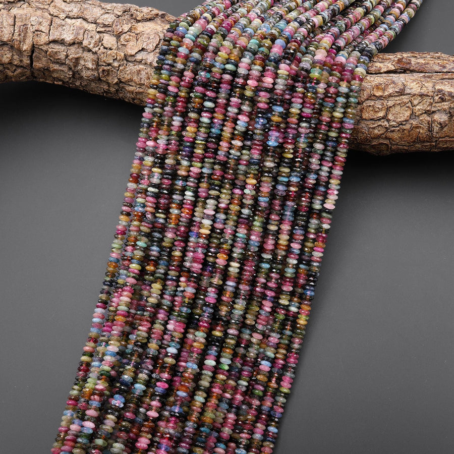 AAA Natural Pink Blue Green Tourmaline Micro Faceted 4mm Thin Rondelle Beads Gemstone 15.5" Strand