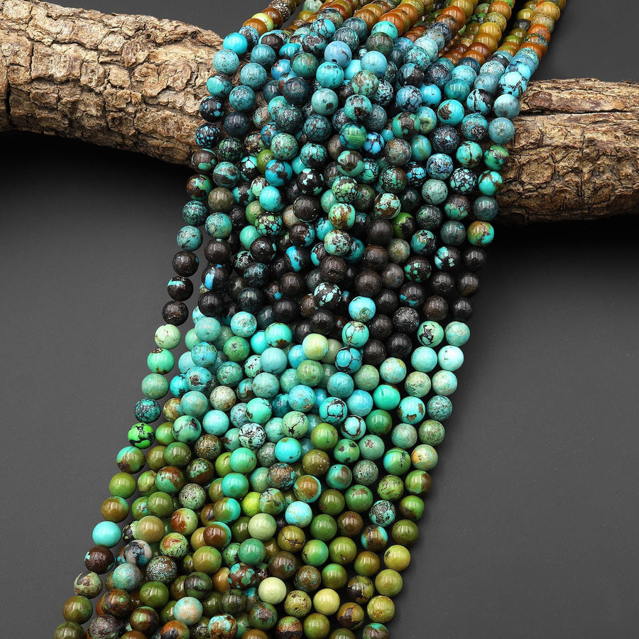 Genuine Natural Turquoise 6mm Smooth Round Beads Multicolor Blue Green Golden Brown Gradient Ombre 15.5" Strand