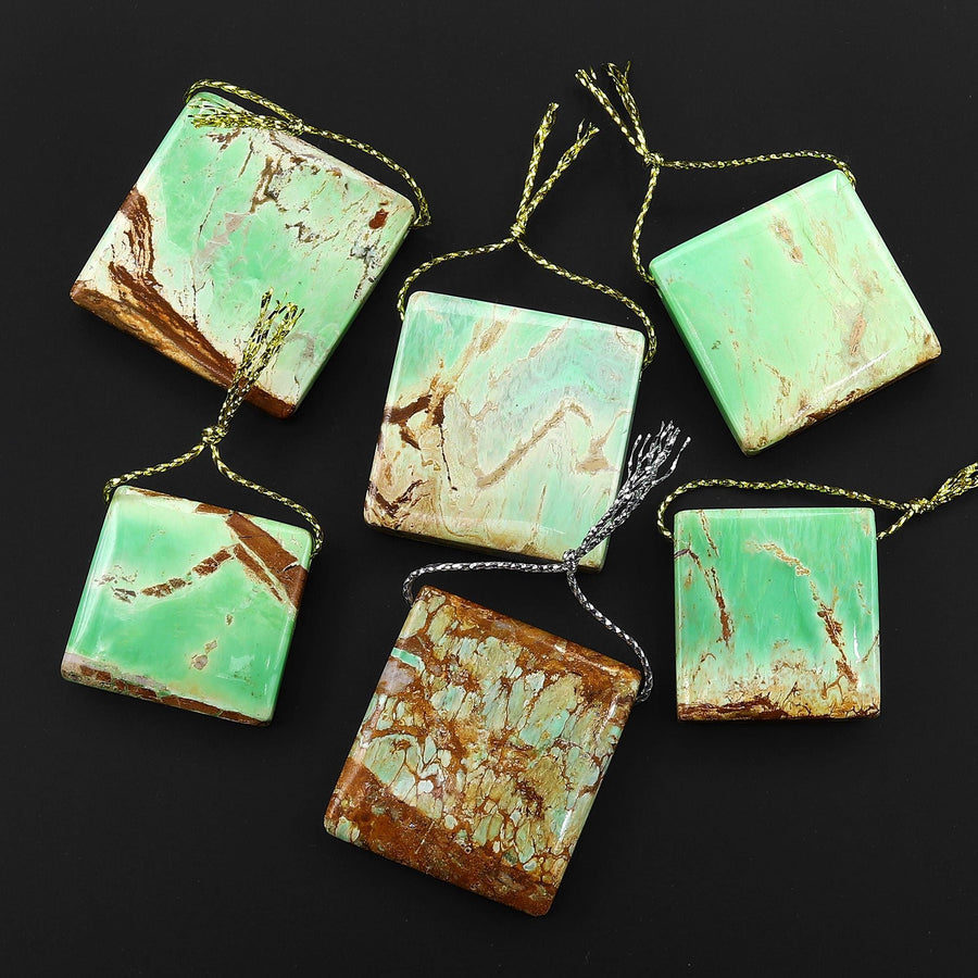 Natural Australian Green Variscite Square Pendant Top Side Drilled Gemstone
