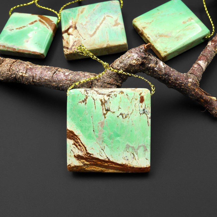 Natural Australian Green Variscite Square Pendant Top Side Drilled Gemstone