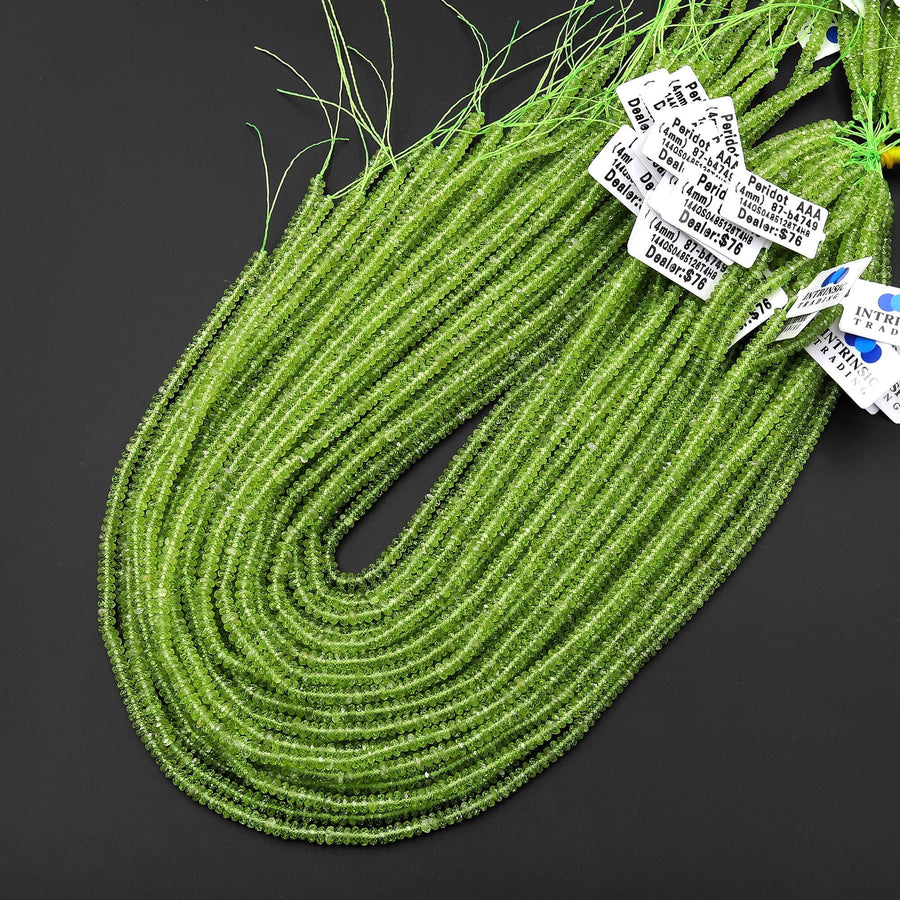 AAA Faceted Natural Green Peridot 4mm Thin Rondelle Beads Gemstone 15.5" Strand