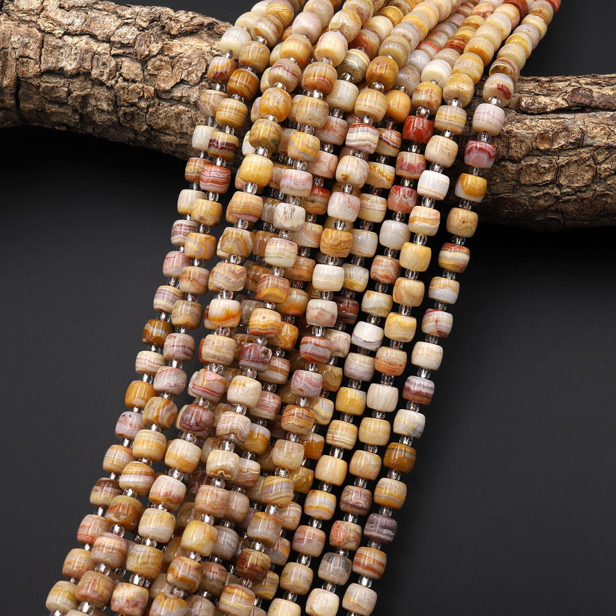 Natural Yellow Red Rainbow Lace Agate Rounded Drum Barrel Beads 15.5" Strand