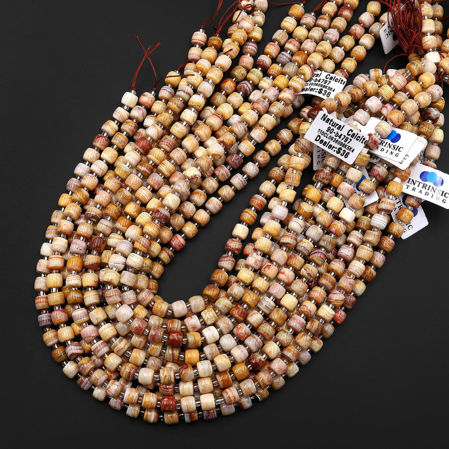 Natural Yellow Red Rainbow Lace Agate Rounded Drum Barrel Beads 15.5" Strand