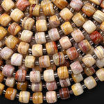 Natural Yellow Red Rainbow Lace Agate Rounded Drum Barrel Beads 15.5" Strand
