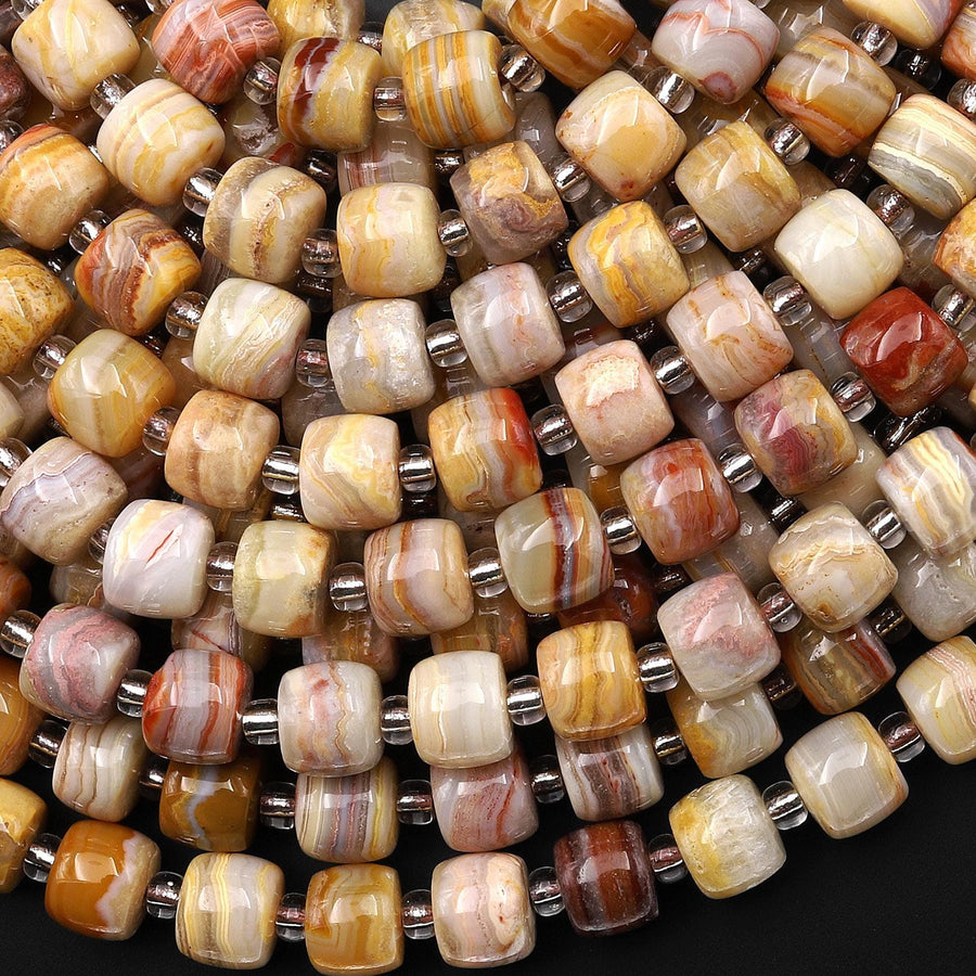 Natural Yellow Red Rainbow Lace Agate Rounded Drum Barrel Beads 15.5" Strand