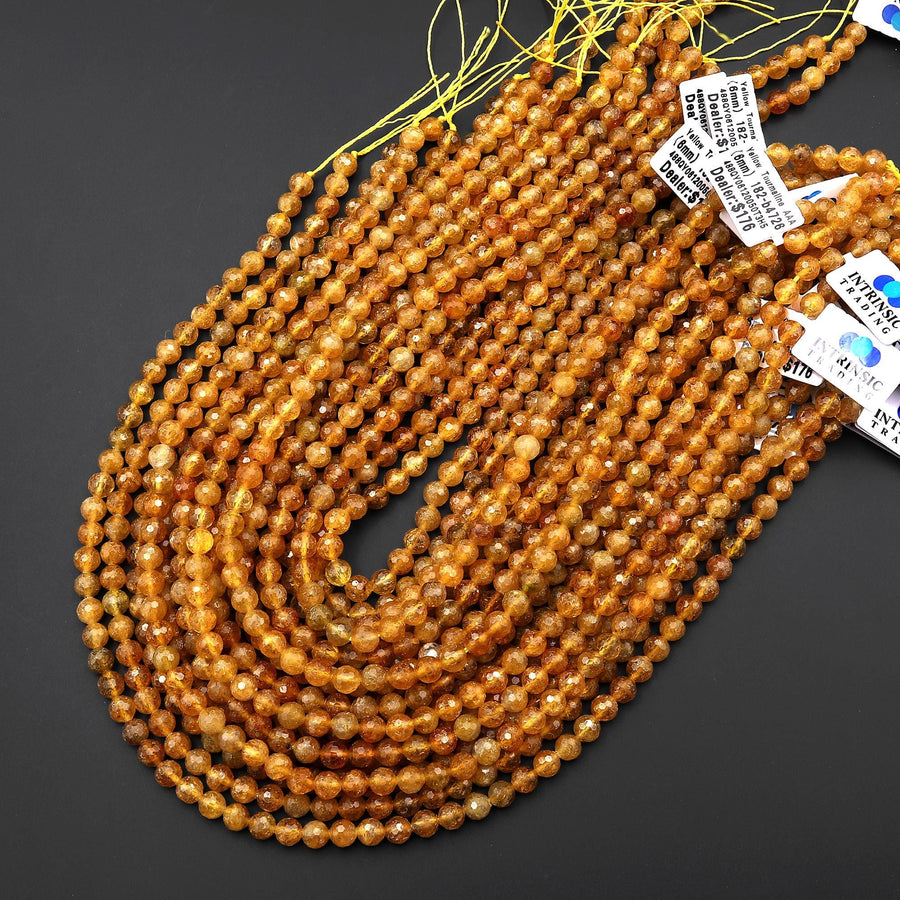 AAA Natural Honey Golden Yellow Tourmaline Faceted 6mm Round Beads Micro Diamond Cut Gemstone 15.5" Strand