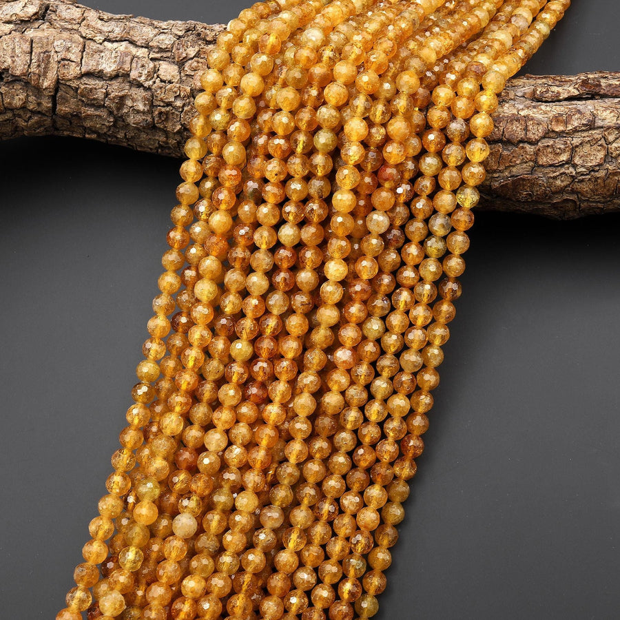 AAA Natural Honey Golden Yellow Tourmaline Faceted 6mm Round Beads Micro Diamond Cut Gemstone 15.5" Strand