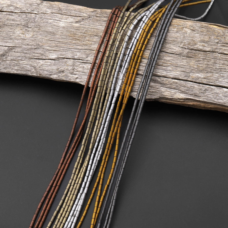 Matte Hematite 3x1mm Smooth Cylinder Tube Beads Spacer Bronze Champagne Silver Gold Black 15.5" Strand