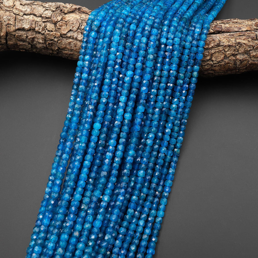 AAA Natural Apatite Faceted 4mm Cube Beads Intense Teal Blue Gemstone 15.5" Strand b4745