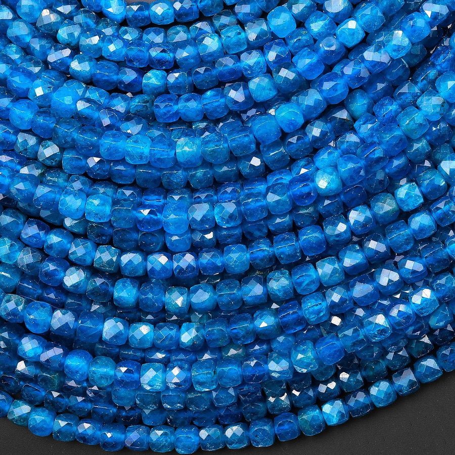 AAA Natural Apatite Faceted 4mm Cube Beads Intense Teal Blue Gemstone 15.5" Strand b4745