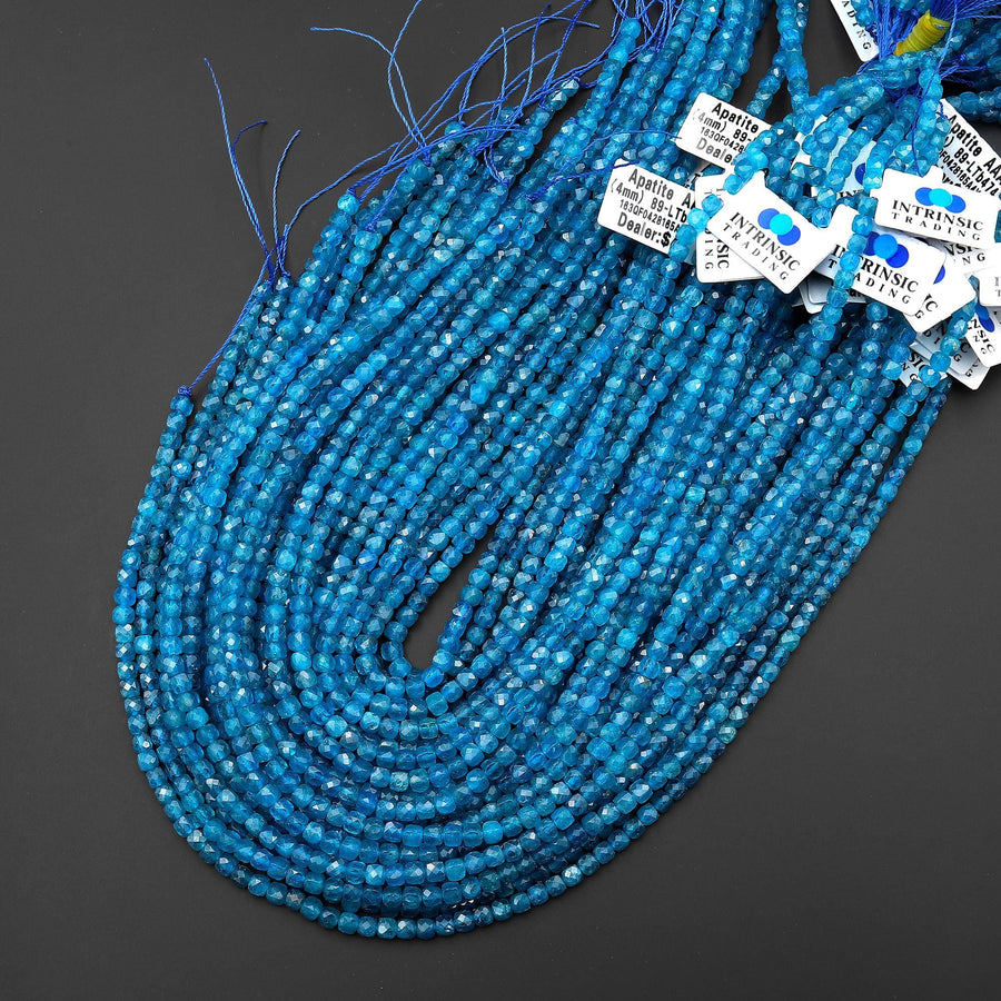 AAA Translucent Natural Teal Blue Apatite Faceted 4mm Cube Beads Gemstone 15.5" Strand b4746