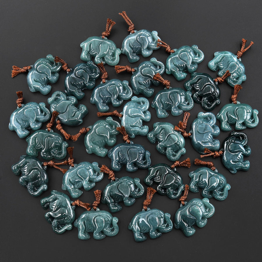 Hand Carved Natural Blue Green Guatemalan Jade Elephant Pendant Charm | Lucky Abundance Talisman