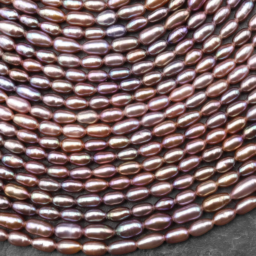 AAA Genuine Natural Metallic Mauve Pink Purple Oval Rice Freshwater Pearl Iridescent High Luster 3x5mm 14.5" Strand