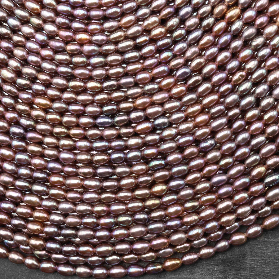 AAA Genuine Natural Metallic Mauve Pink Purple Oval Rice Freshwater Pearl Rainbow Iridescence 3x4mm 14.5" Strand