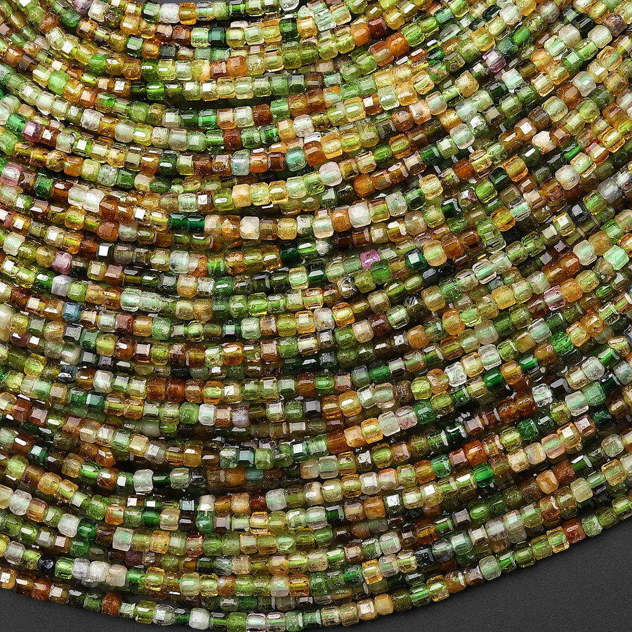 AAA Faceted Natural Green Yellow Petrol Tourmaline 2mm Cube Beads Gemstone 15.5" Strand