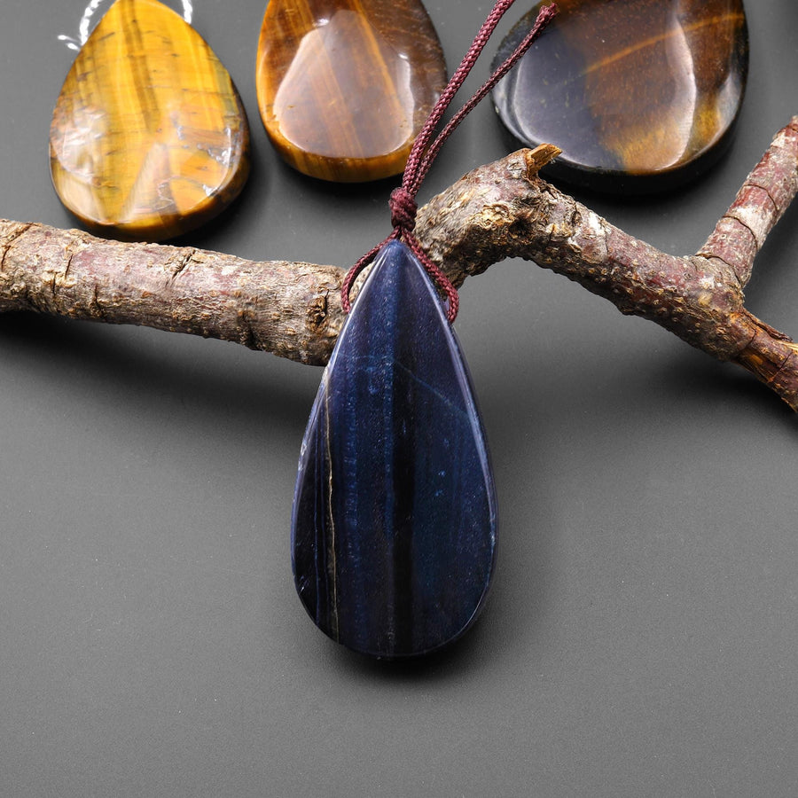 Natural Blue Golden Tiger's Eye Teardrop Pendant Side Drilled Focal Gemstone