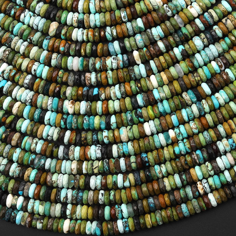 Genuine Natural Blue Green Dark Brown Turquoise 4x1mm Faceted Thin Rondelle Beads 15.5" Strand
