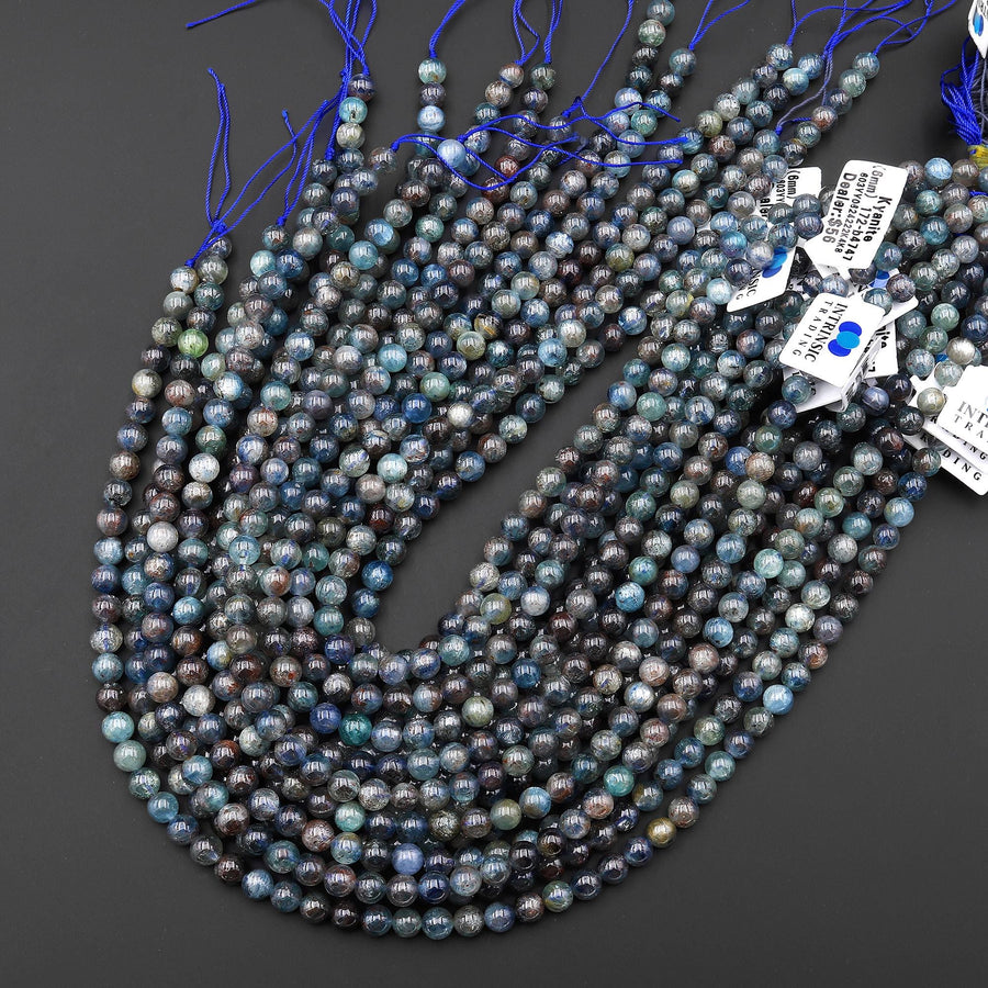Natural Silvery Blue Green Rusty Red Kyanite 5mm 6mm Smooth Round Beads 15.5" Strand