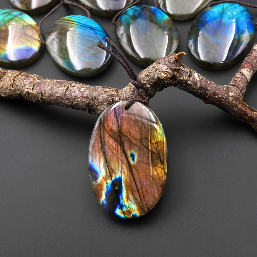 AAA Natural Golden Purple Blue Labradorite Oval Pendant Gemstone A4