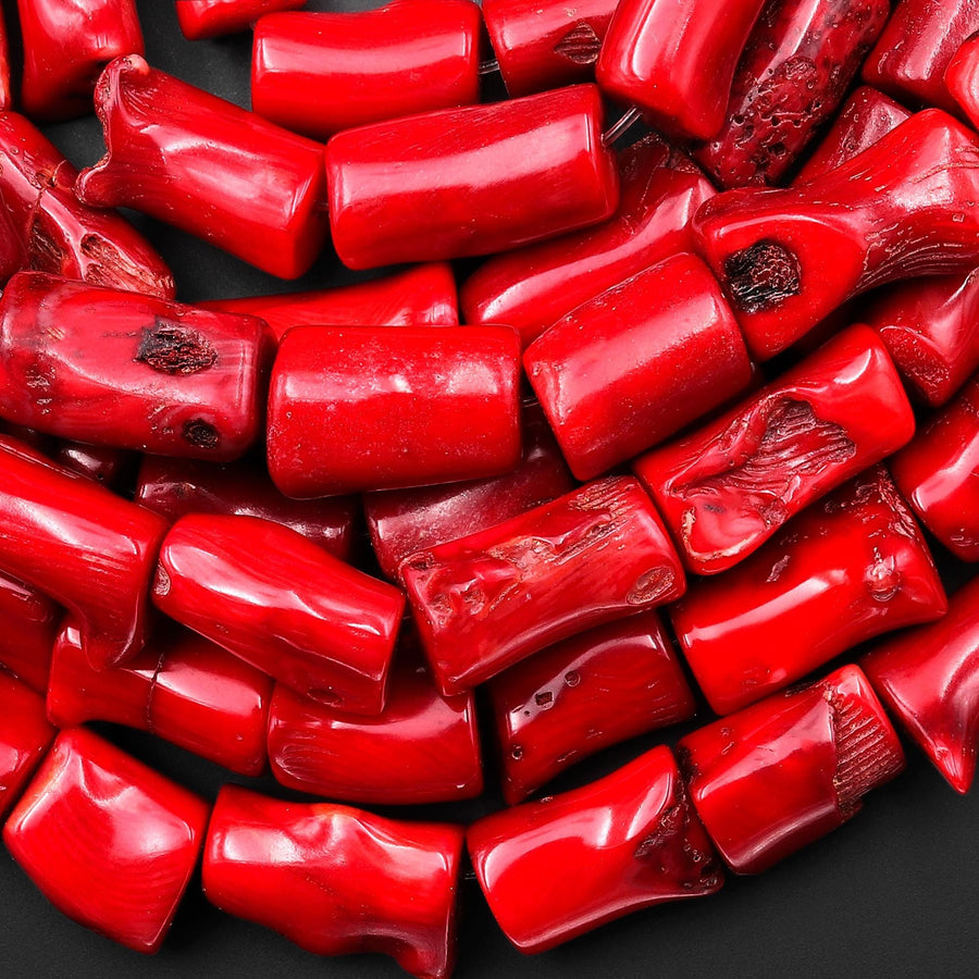 Genuine Red Bamboo Coral Branch Nugget Tube Beads 16" Strand