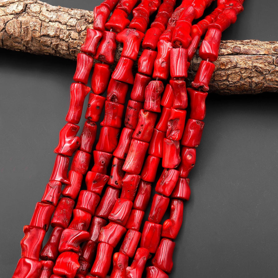 Genuine Red Bamboo Coral Branch Nugget Tube Beads 16" Strand