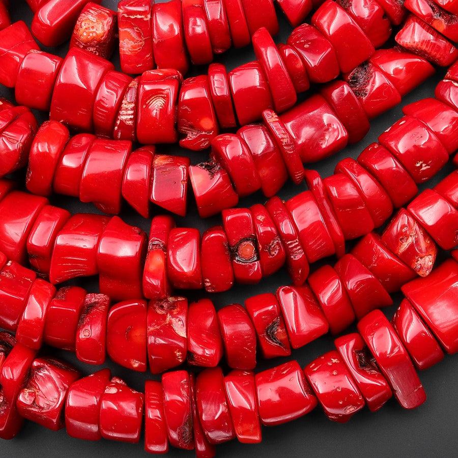 AAA Genuine Red Bamboo Coral Center Drilled Sliced Branch Nugget Beads 18" Strand
