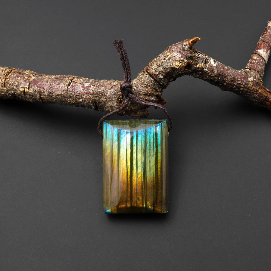 AAA Natural Golden Orange Blue Labradorite Domed Rectangle Pendant A2