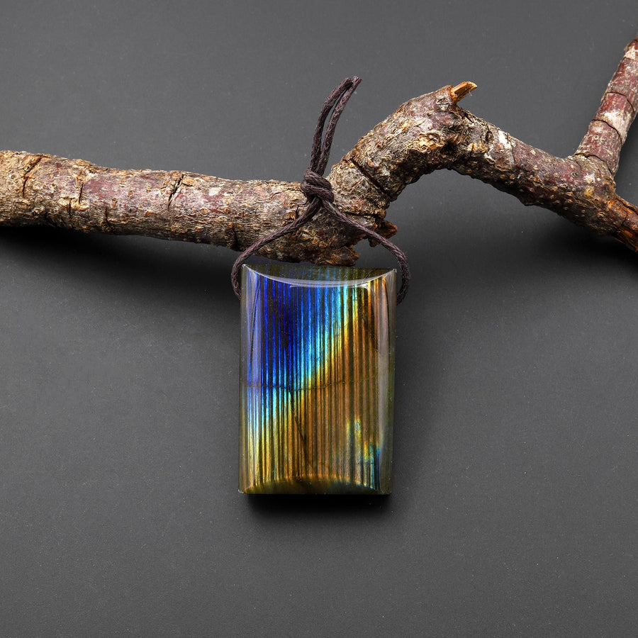AAA Natural Golden Orange Blue Labradorite Domed Rectangle Pendant A3