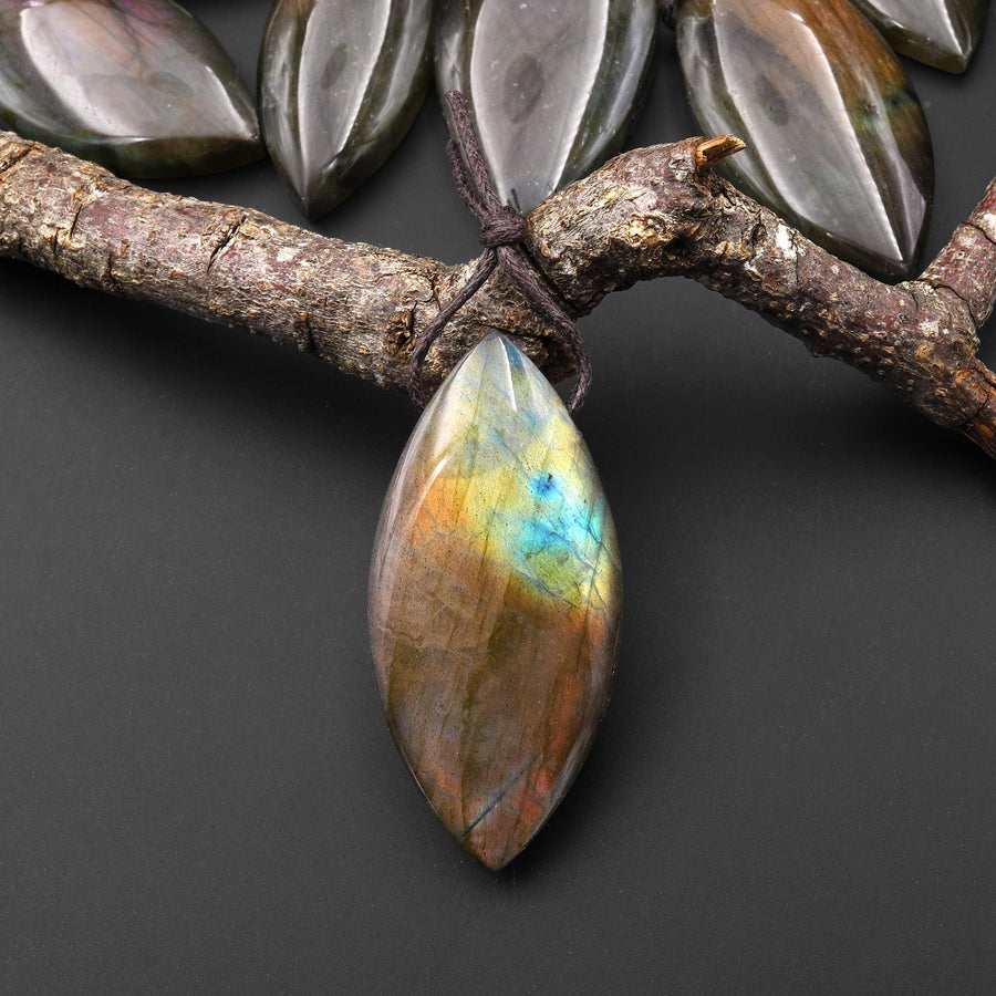 AAA Natural Rainbow Purple Blue Labradorite Marquise Leaf Pendant Side Drilled Gemstone