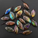 AAA Natural Rainbow Purple Blue Labradorite Marquise Leaf Pendant Side Drilled Gemstone