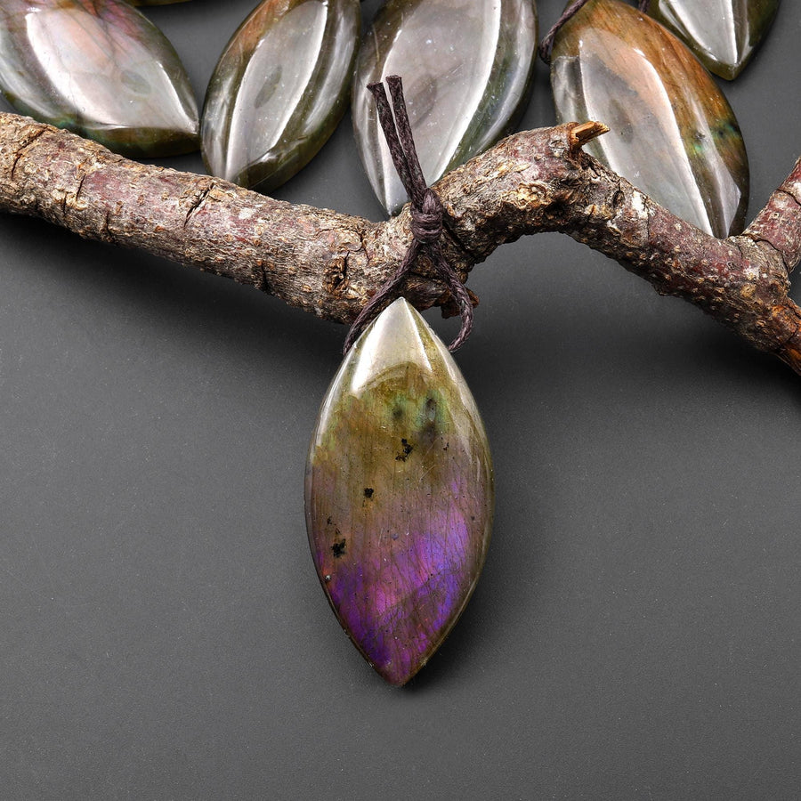 AAA Natural Rainbow Purple Blue Labradorite Marquise Leaf Pendant Side Drilled Gemstone