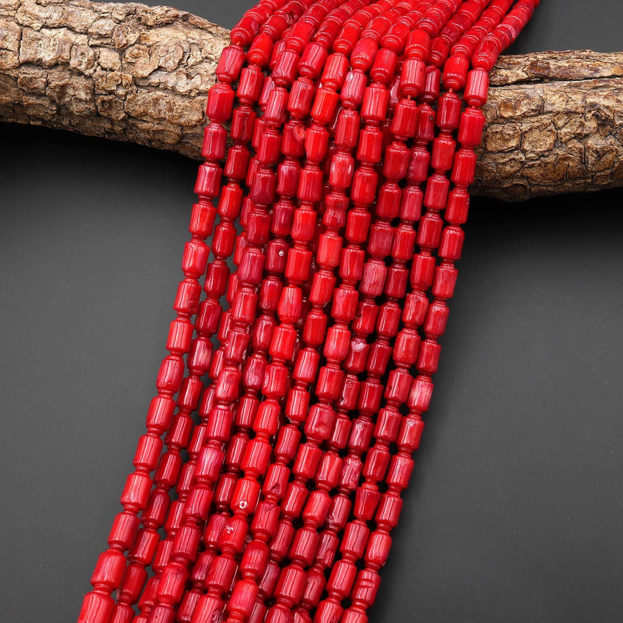 Genuine Red Bamboo Coral Spooled Barrel Beads 4x9mm 6x10mm 15.5" Strand