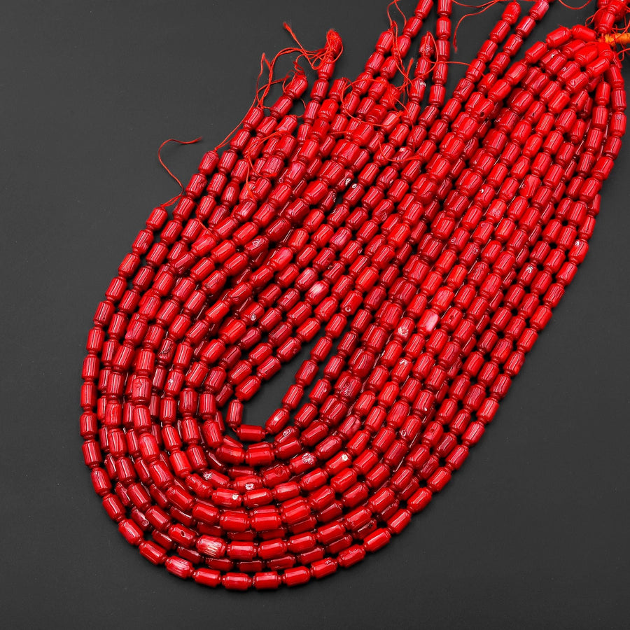 Genuine Red Bamboo Coral Spooled Barrel Beads 4x9mm 6x10mm 15.5" Strand