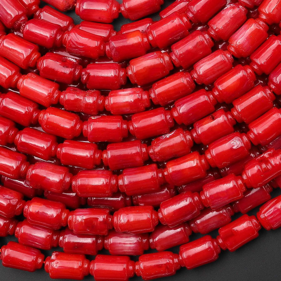 Genuine Red Bamboo Coral Spooled Barrel Beads 4x9mm 6x10mm 15.5" Strand