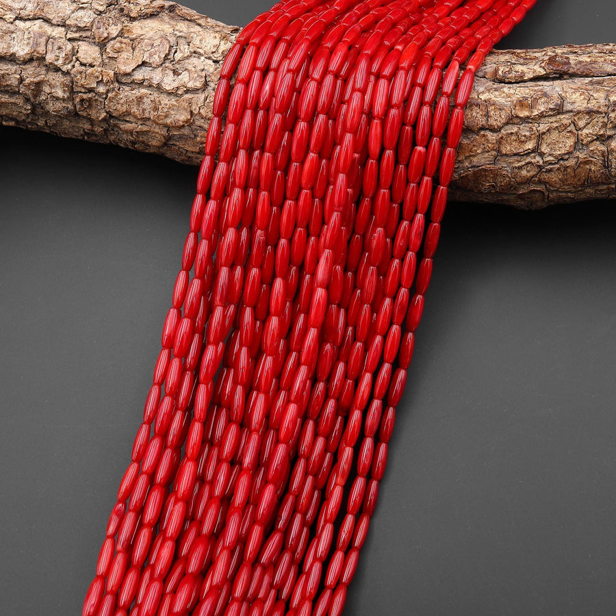 Genuine Red Bamboo Coral Thin Long 3x9mm Drum Rice Barrel Beads 15.5" Strand