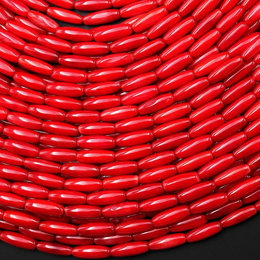 Genuine Red Bamboo Coral Thin Long 3x9mm Drum Rice Barrel Beads 15.5" Strand