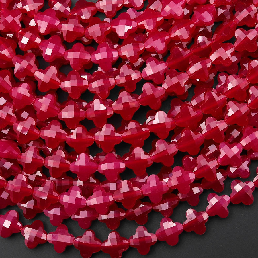Lab-grown Red Ruby Faceted 4 Four Leaf Clover Gemstone 6mm 8mm Beads 15.5" Strand