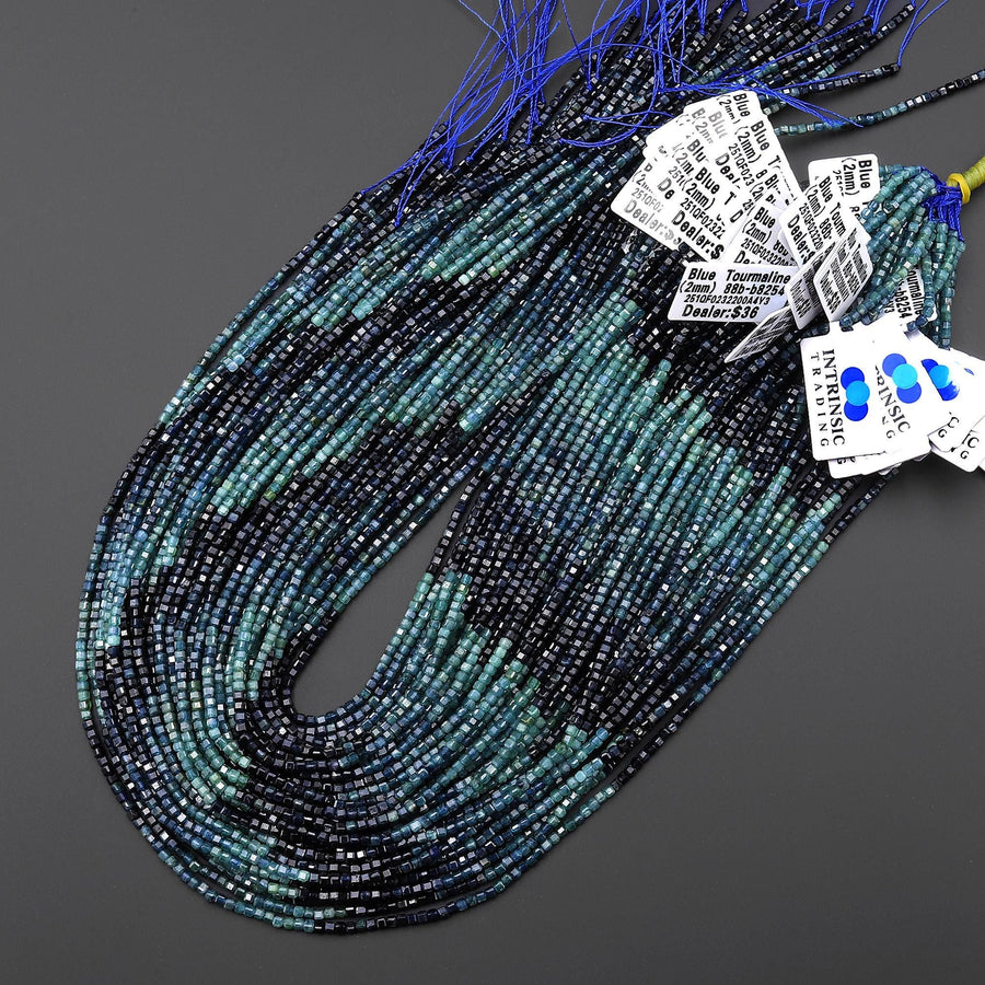 AAA Natural Paraiba Blue Tourmaline Faceted 2mm Cube Ombre Beads Indicolite Gemstone 15.5" Strand