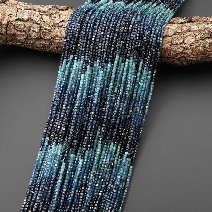 AAA Natural Paraiba Blue Tourmaline Faceted 2mm Cube Ombre Beads Indicolite Gemstone 15.5" Strand