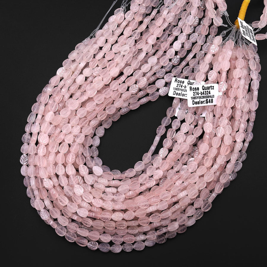 Natural Pink Rose Quartz Carved Leaf Gemstone Beads 15.5" Strand