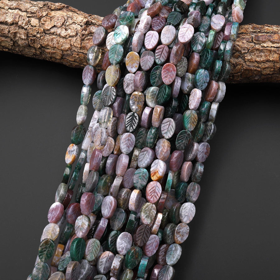 Natural Indian Agate Hand Carved Fall Leaf Gemstone Beads 8x12mm 15.5" Strand